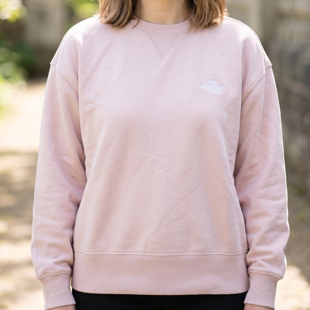 Dickies Womens Relaxed Crewneck Sweatshirt Pink Embroidered Logo Fleece Lined